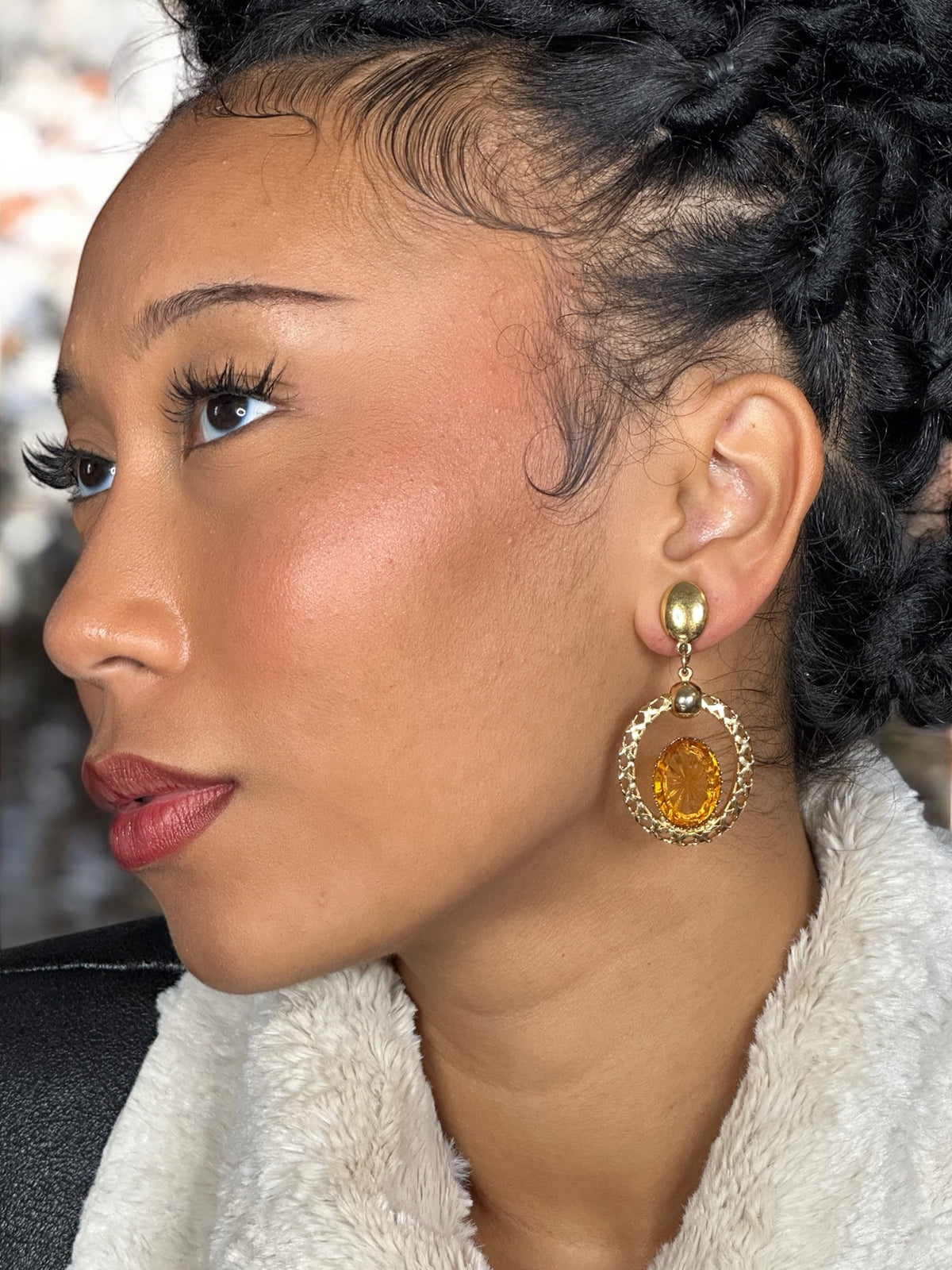 Trifari Orange Rhinestone Clip Earrings