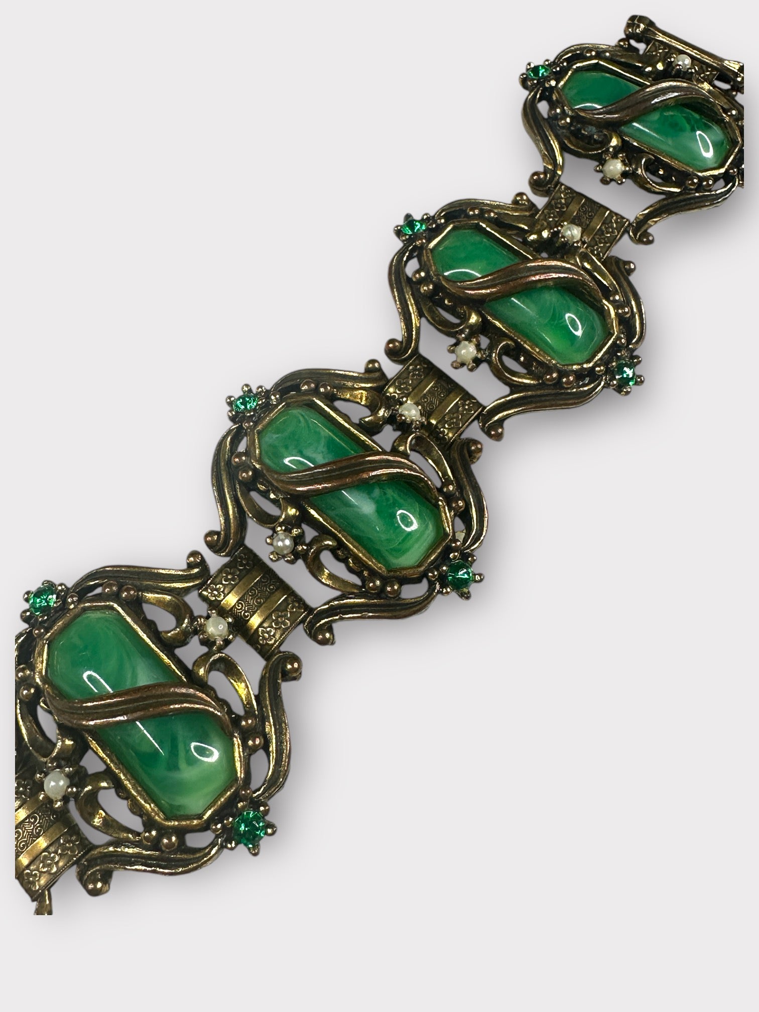Unsigned Selro Green Faux Jade and Brass Bracelet