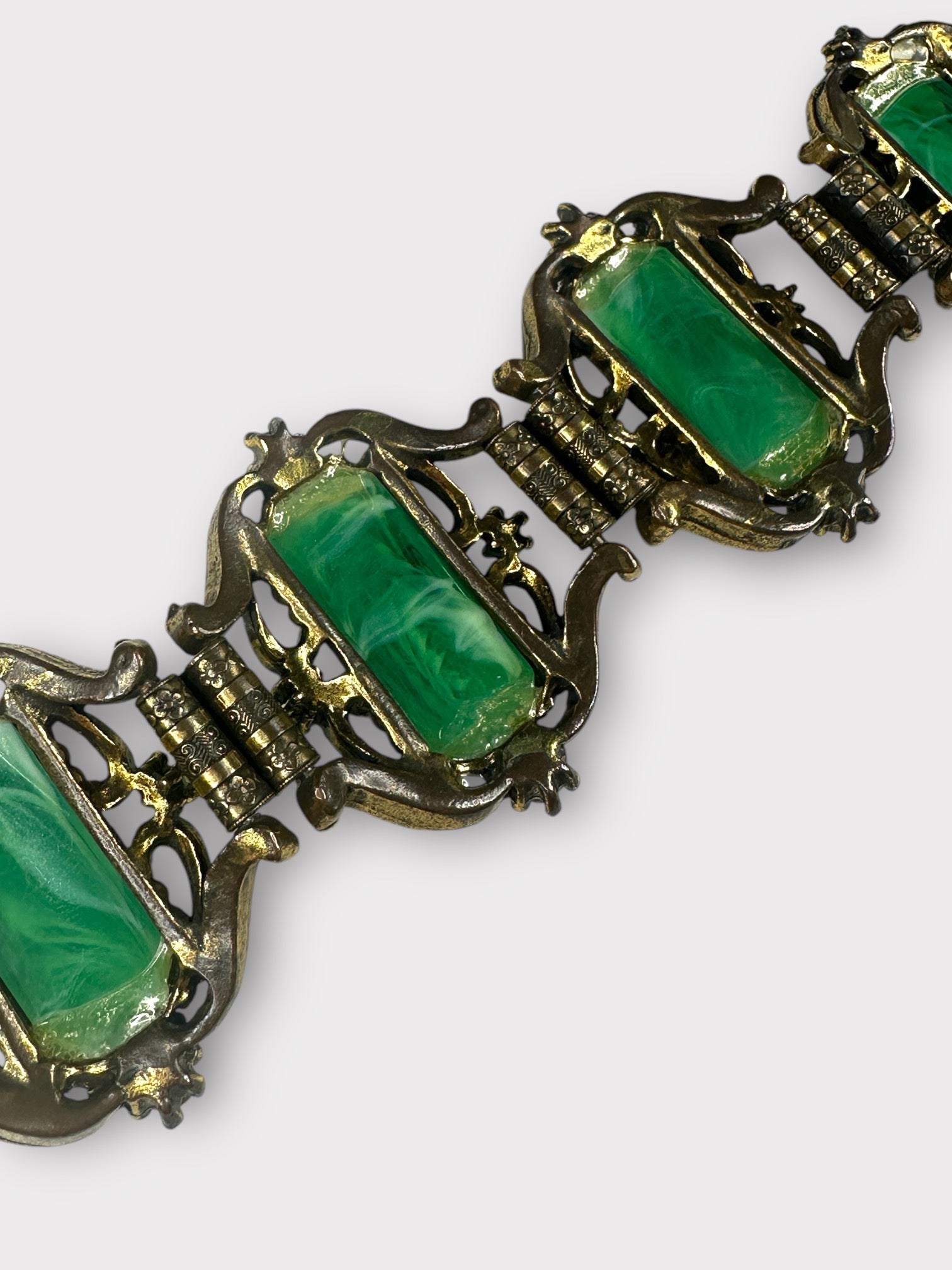 Unsigned Selro Green Faux Jade and Brass Bracelet