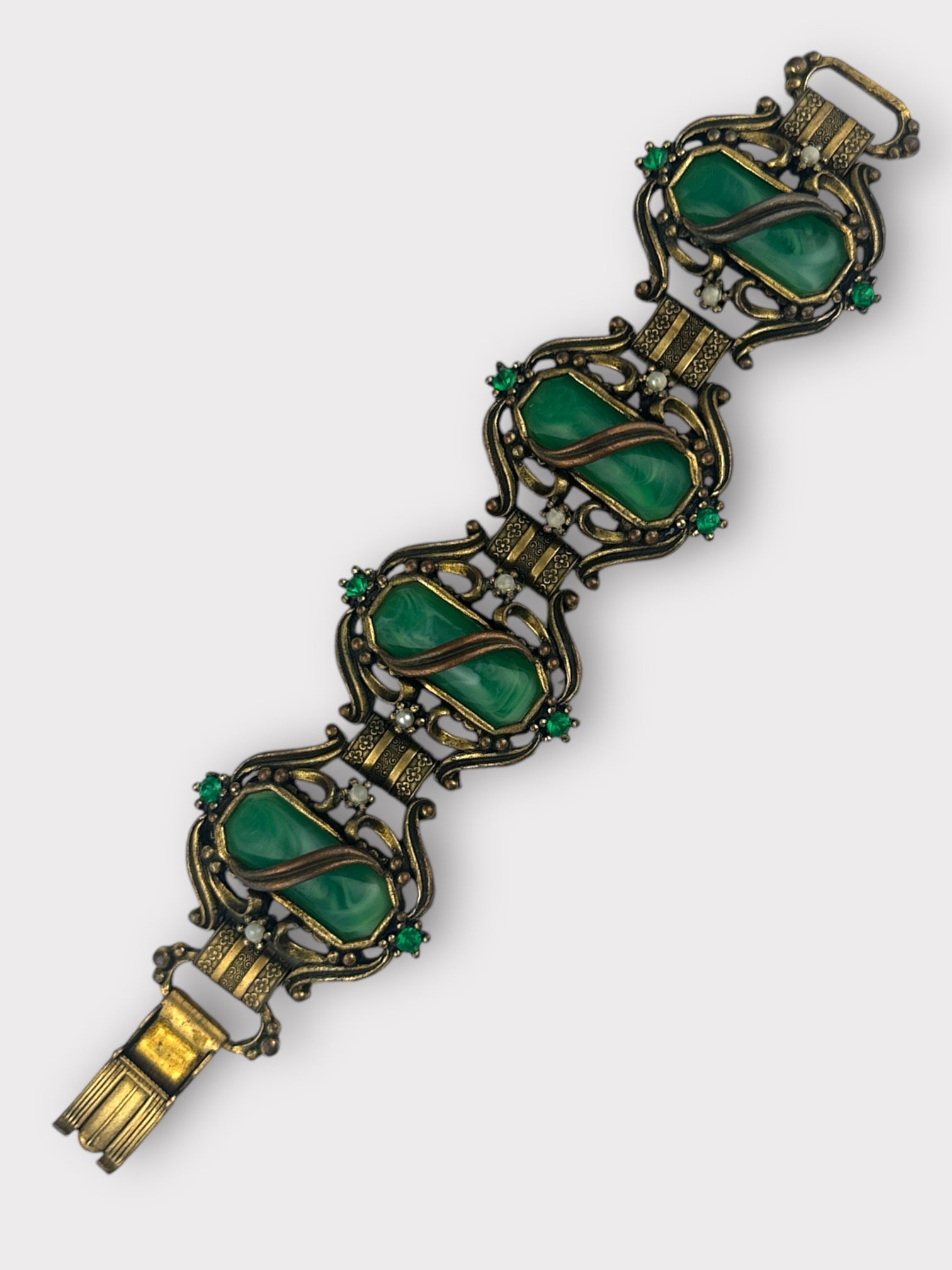 Unsigned Selro Green Faux Jade and Brass Bracelet