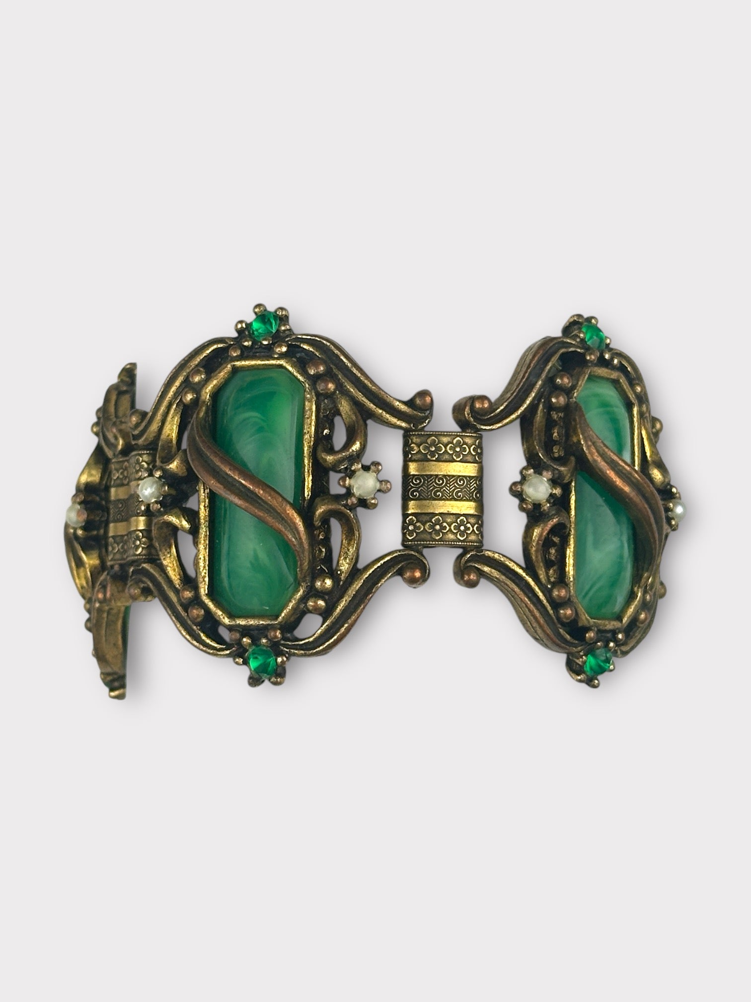 Unsigned Selro Green Faux Jade and Brass Bracelet
