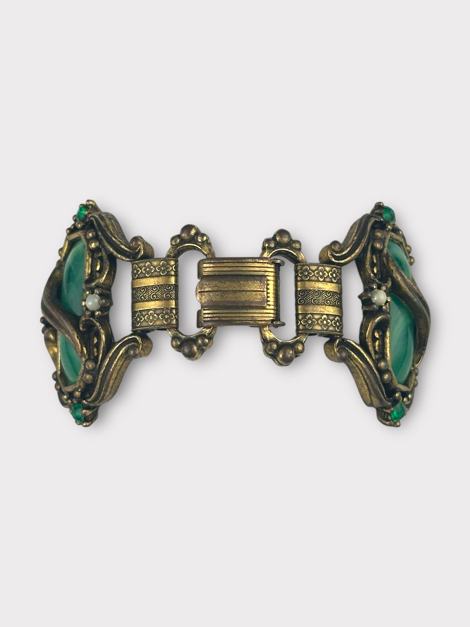 Unsigned Selro Green Faux Jade and Brass Bracelet