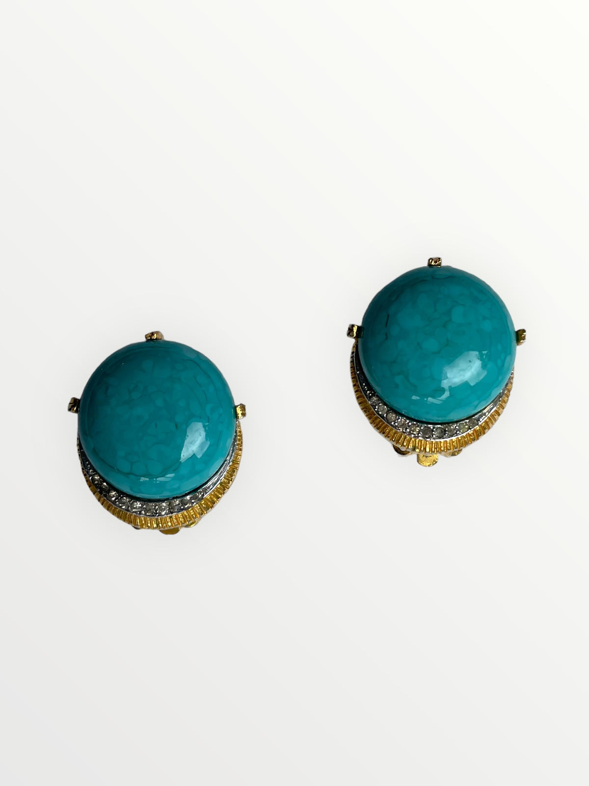 Nettie Rosenstein Gold Plated Turquoise Glass and Rhinestone Clip Earrings