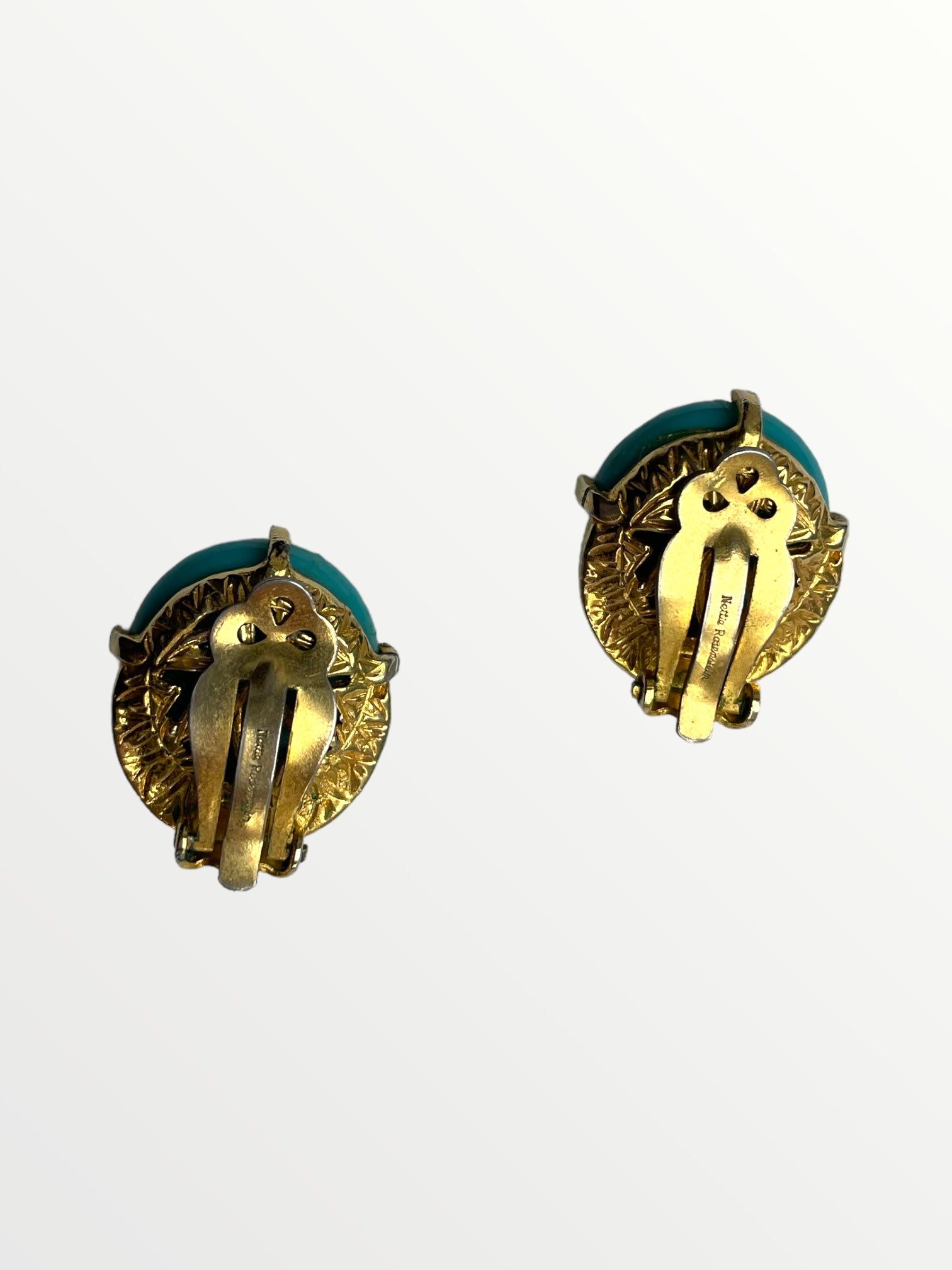Nettie Rosenstein Gold Plated Turquoise Glass and Rhinestone Clip Earrings