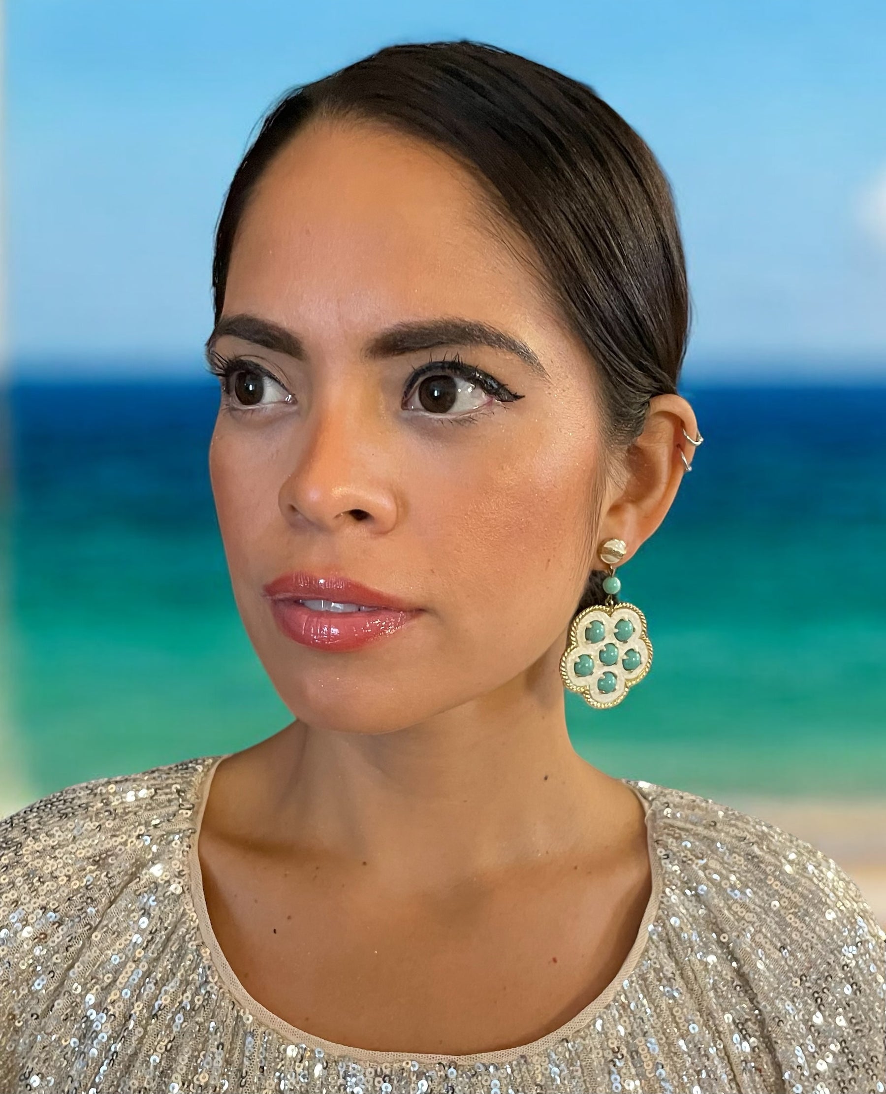 Castlecliff Turquoise And White Enamel Clip Earrings
