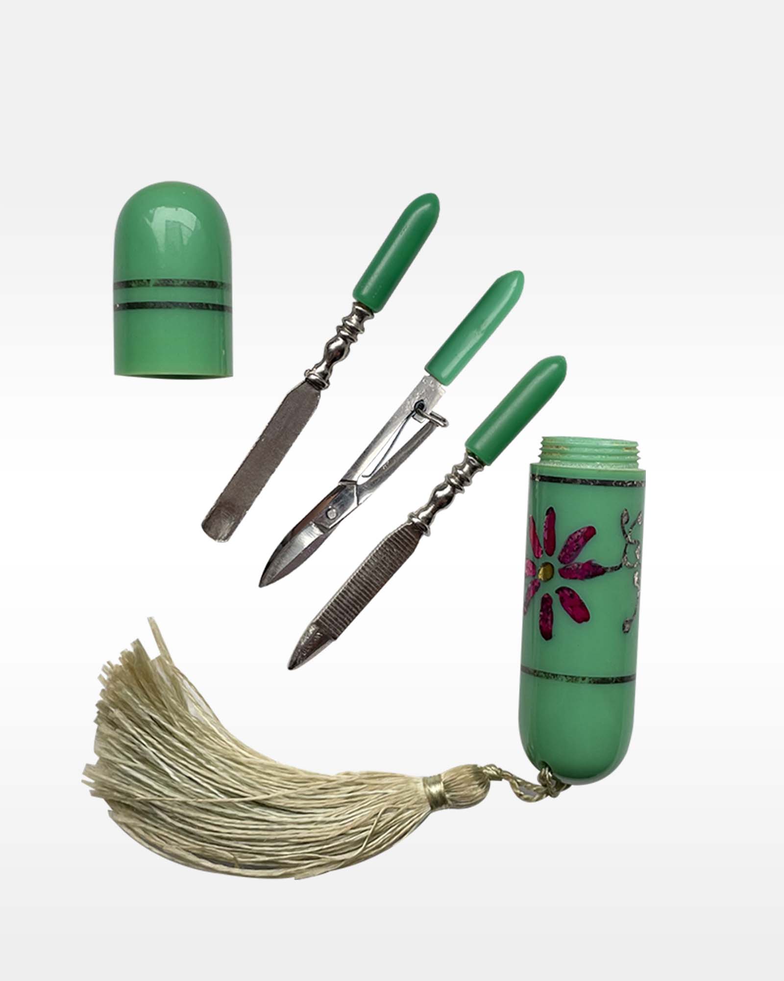 Green and Pink Flower Tassel Manicure Set