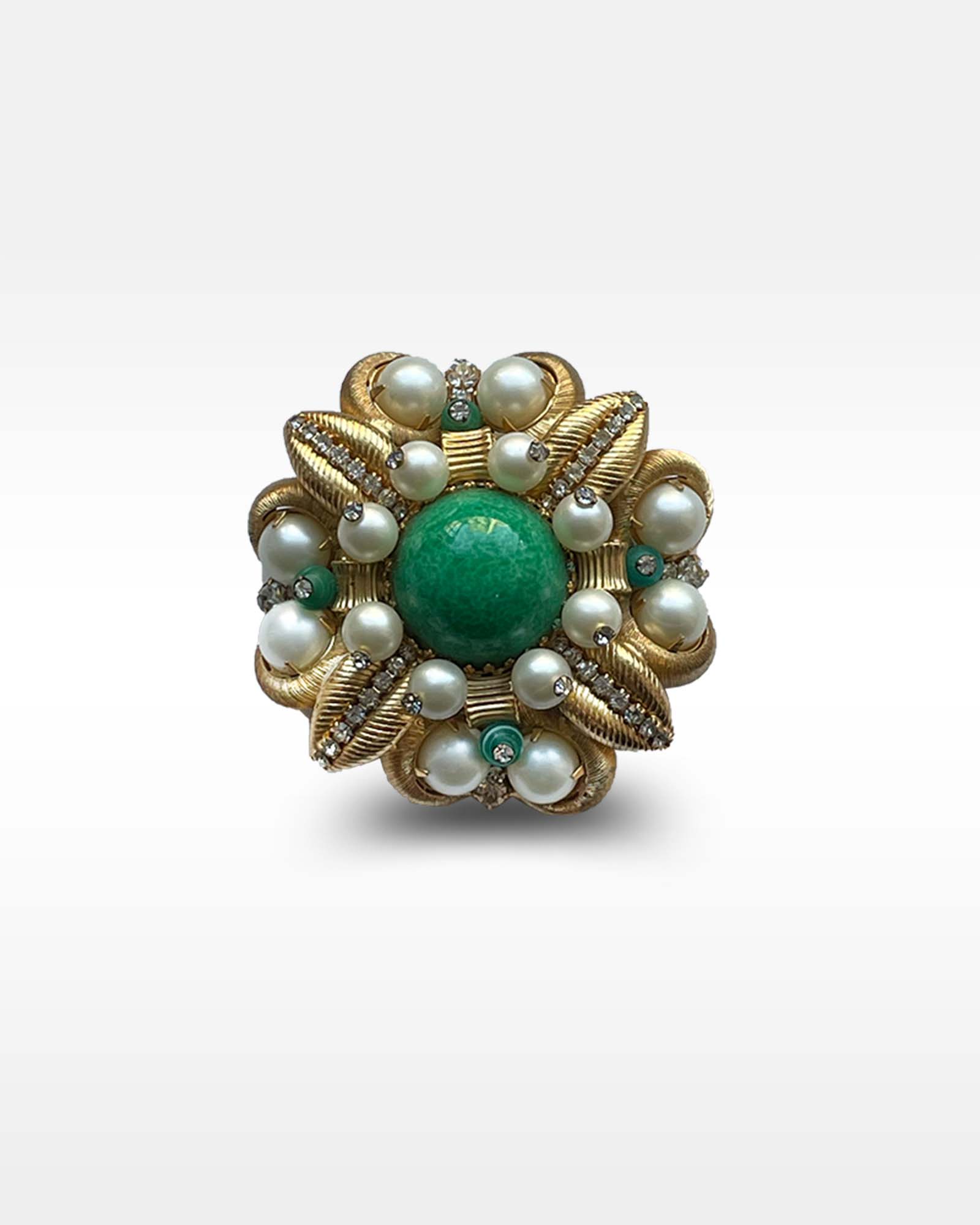 Hattie Carnegie Gold, Green, Rhinestone and Faux Pearl Pin