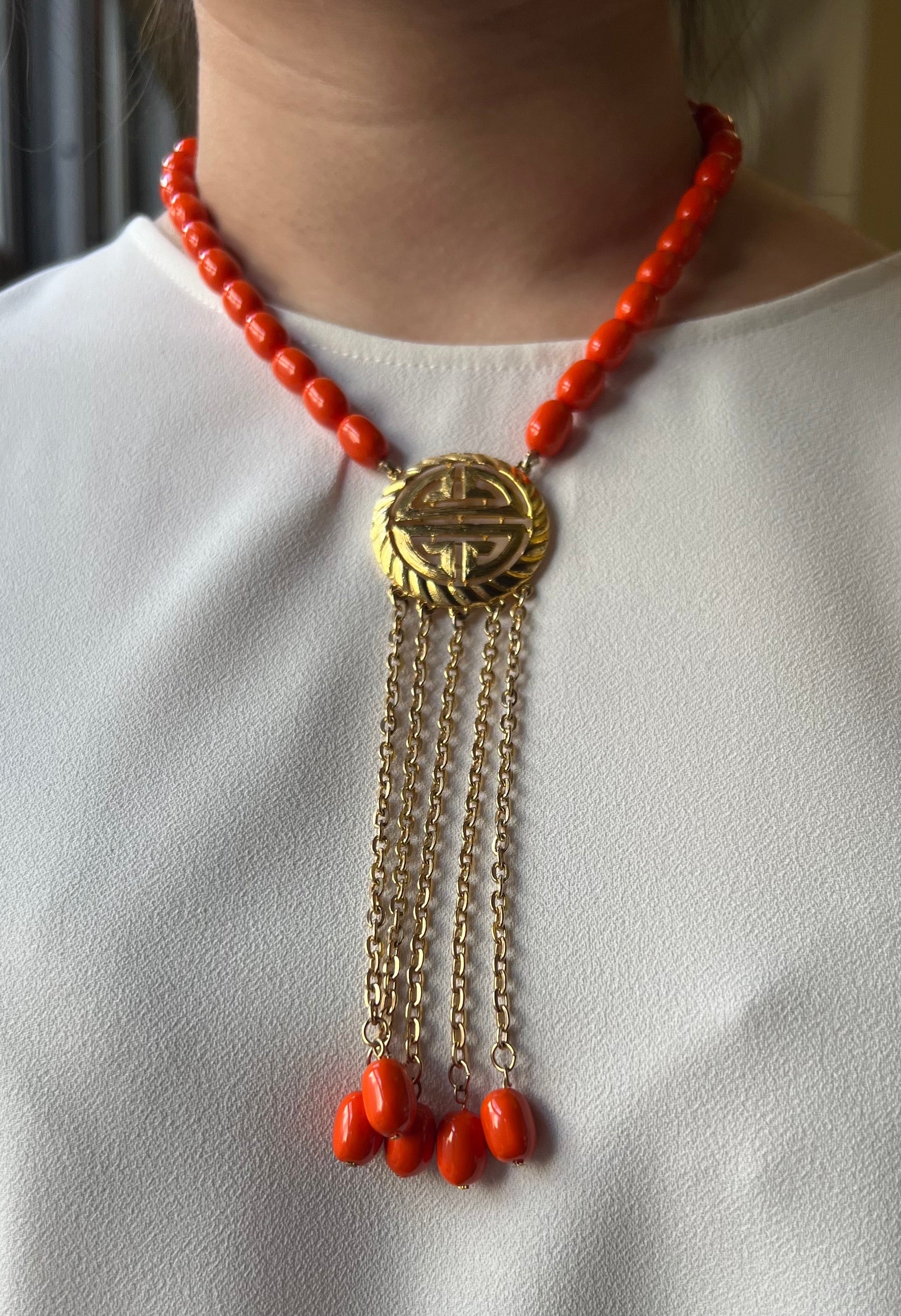 Gold Metal and Orange Bead Necklace