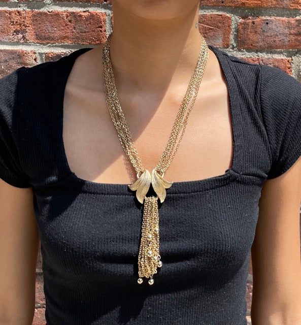 Multi-chain Double Leaf Tassel Necklace