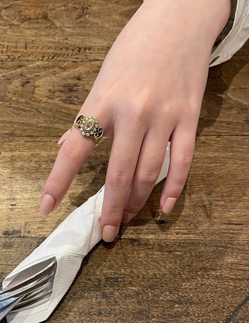 Gold Metal Pink Rhinestone and Faux Pearl Ring