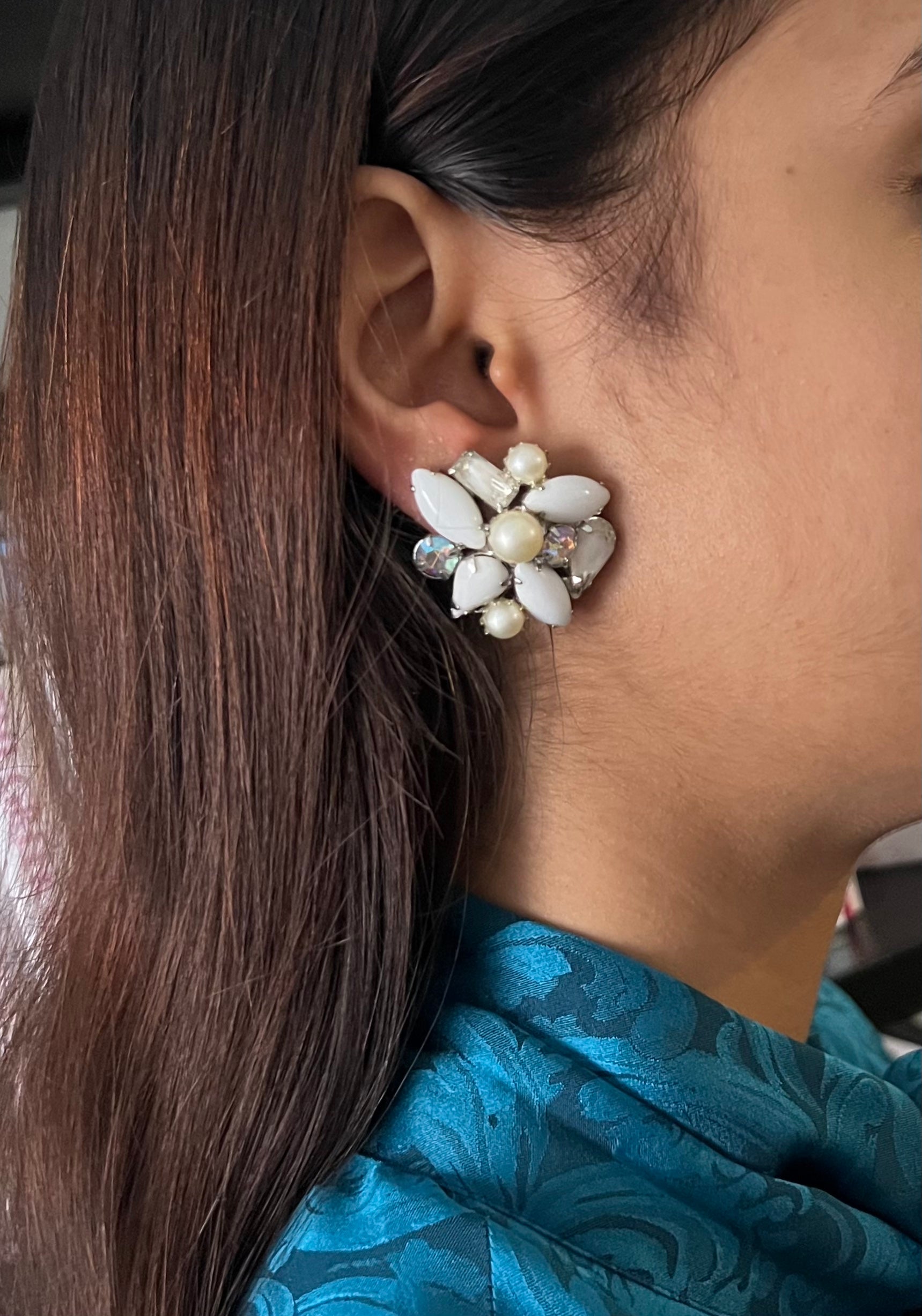 Kramer White Glass, Rhinestone and Faux Pearl Clip Earrings