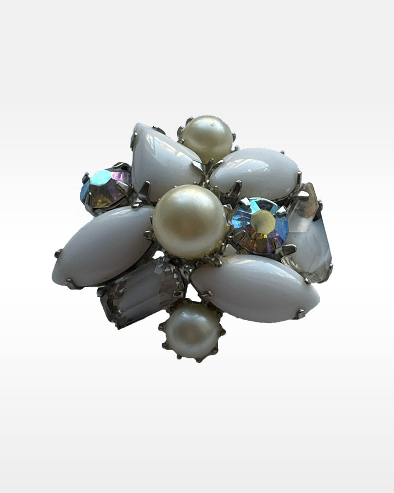 Kramer White Glass, Rhinestone and Faux Pearl Clip Earrings