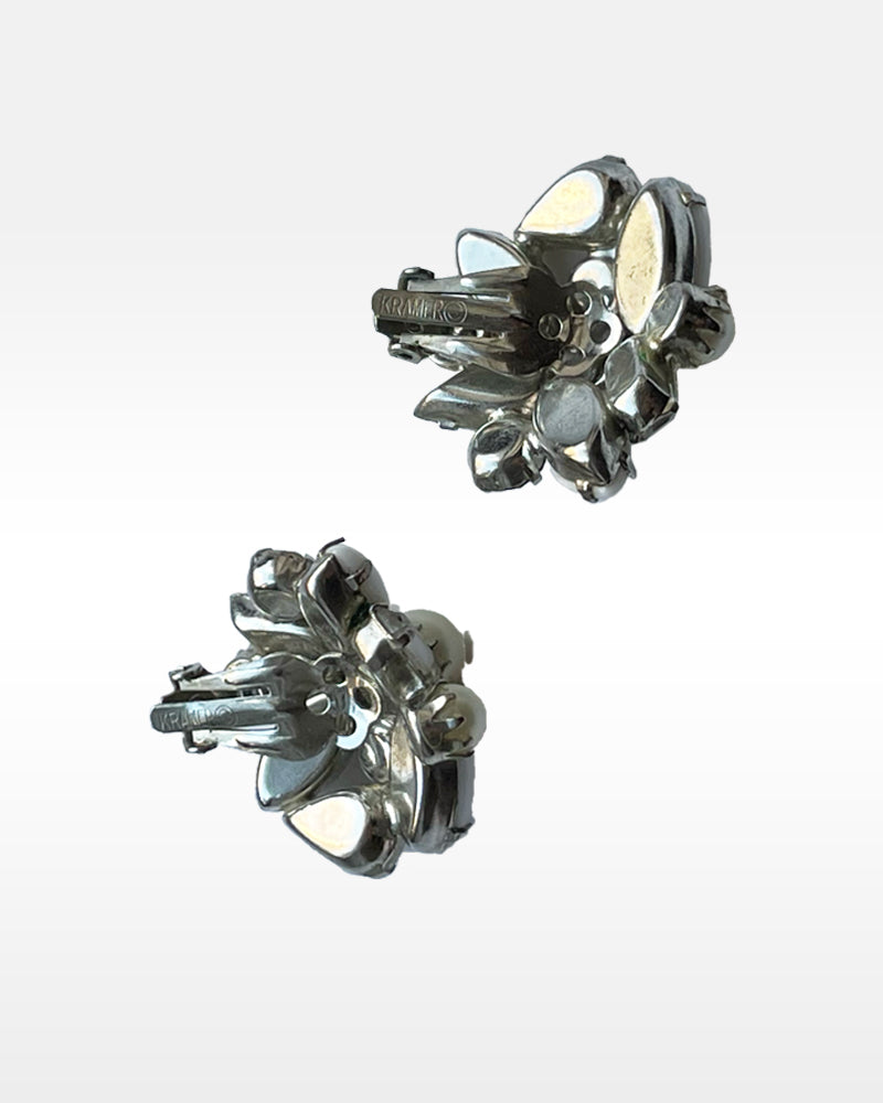 Kramer White Glass, Rhinestone and Faux Pearl Clip Earrings