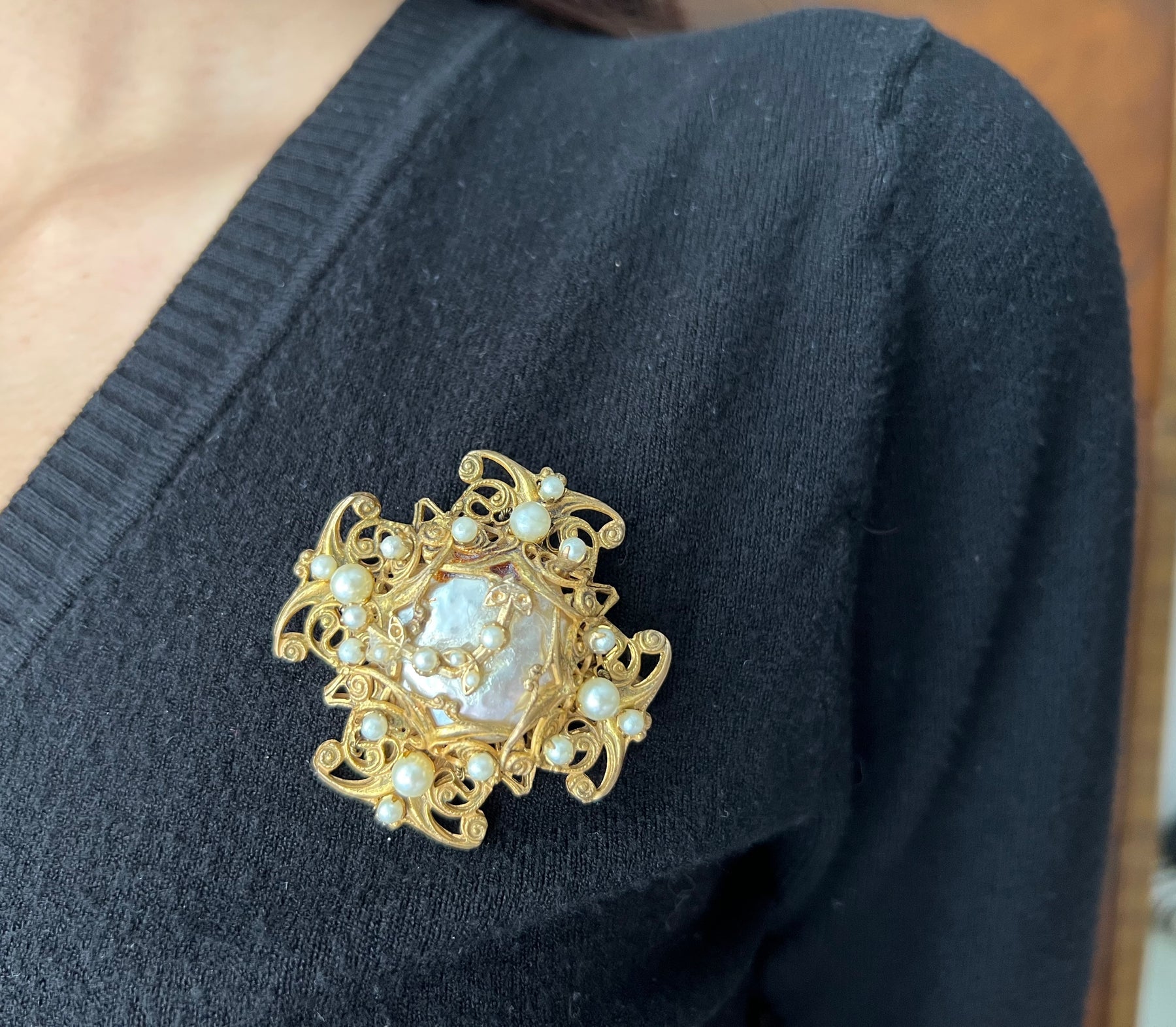 Miriam Haskell Gold and Faux Pearl Pin