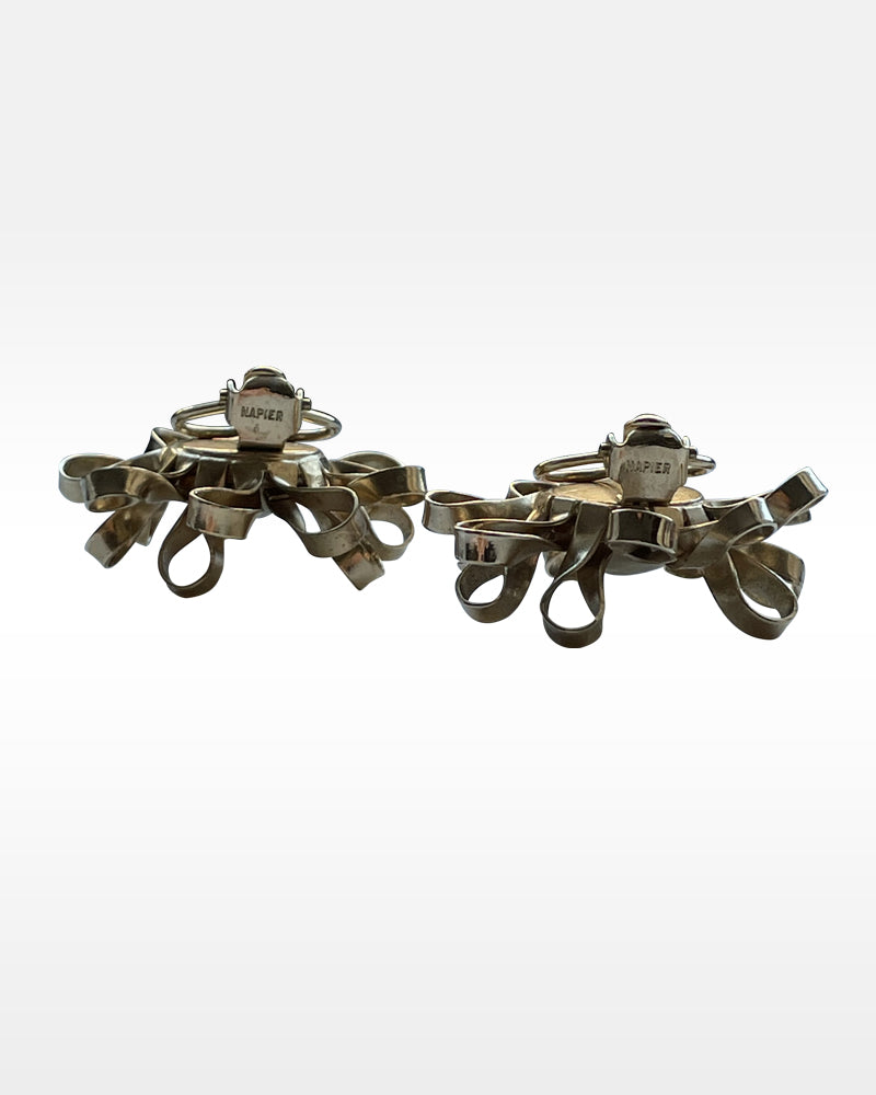 Napier Gold Metal and Faux Pearl Ribbon Clip Earrings