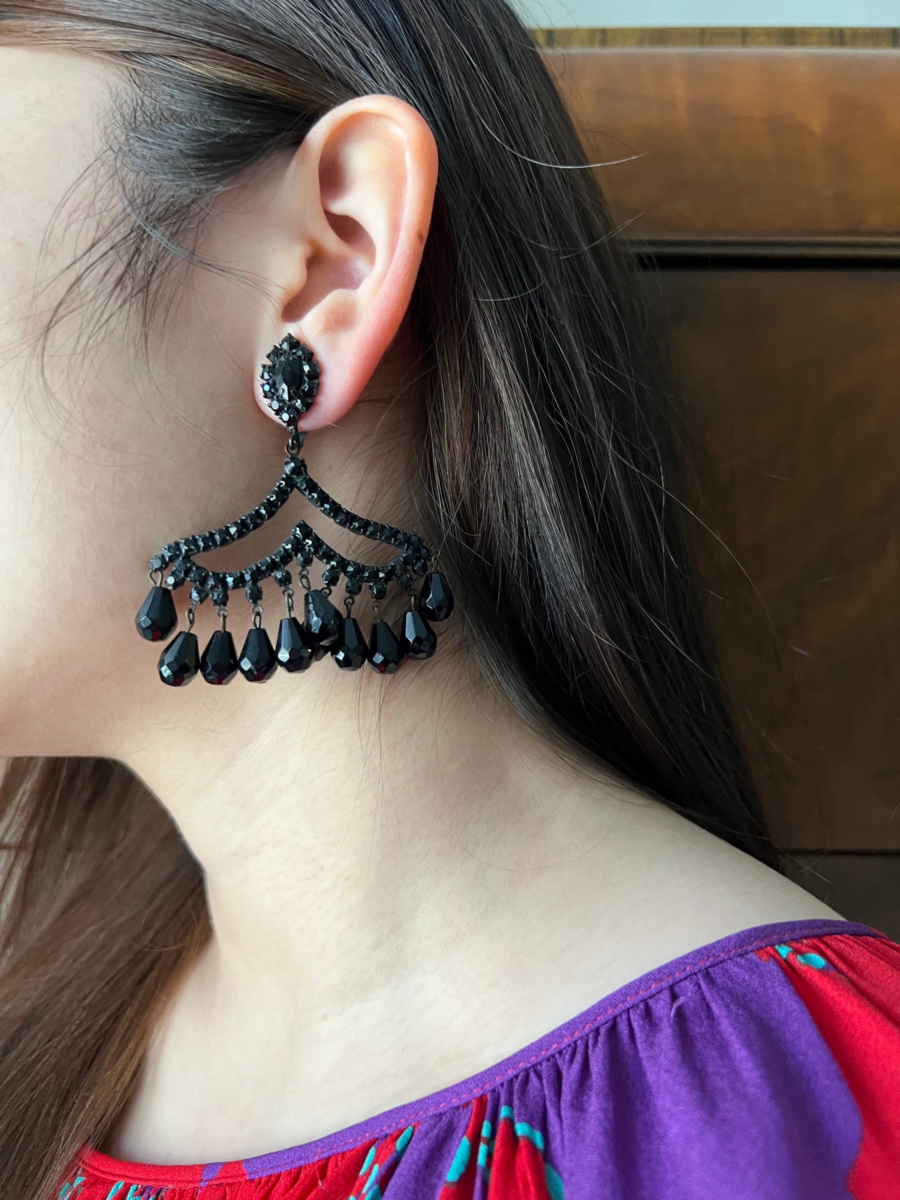 1960s Black Rhinestone and Beaded Clip Earrings