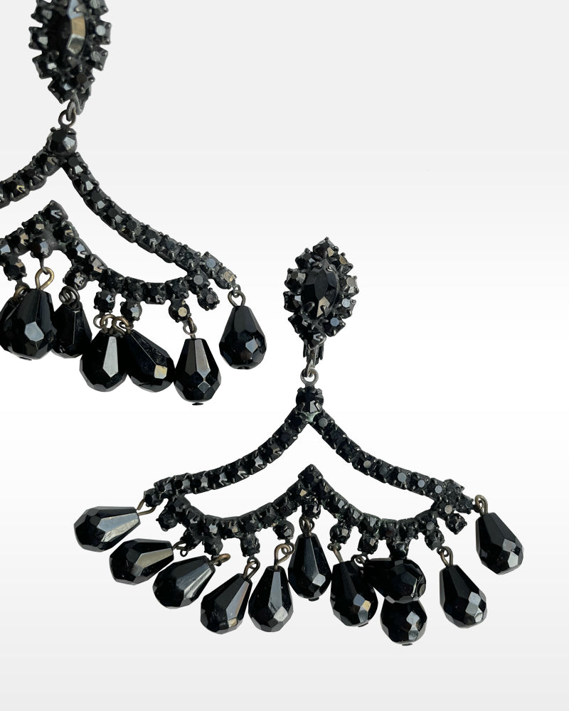 1960s Black Rhinestone and Beaded Clip Earrings