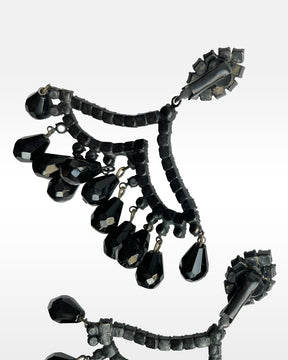 1960s Black Rhinestone and Beaded Clip Earrings
