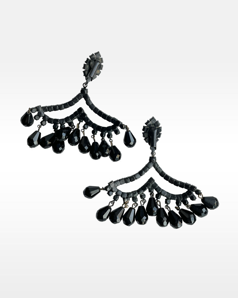 1960s Black Rhinestone and Beaded Clip Earrings