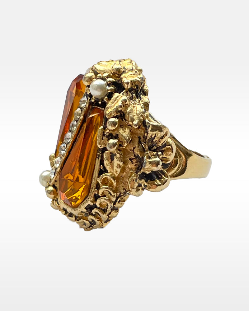 Gold Metal, Amber and Clear Rhinestone and Faux Pearl Ring