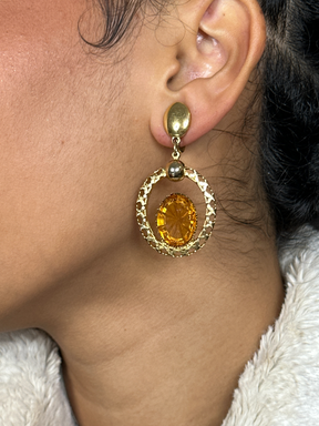 Trifari Orange Rhinestone Clip Earrings