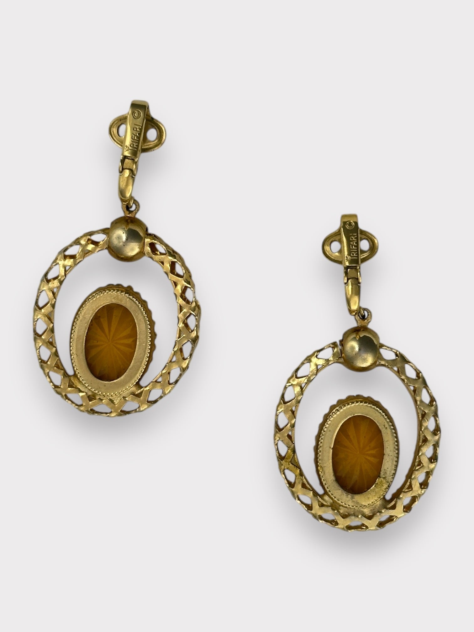 Trifari Orange Rhinestone Clip Earrings