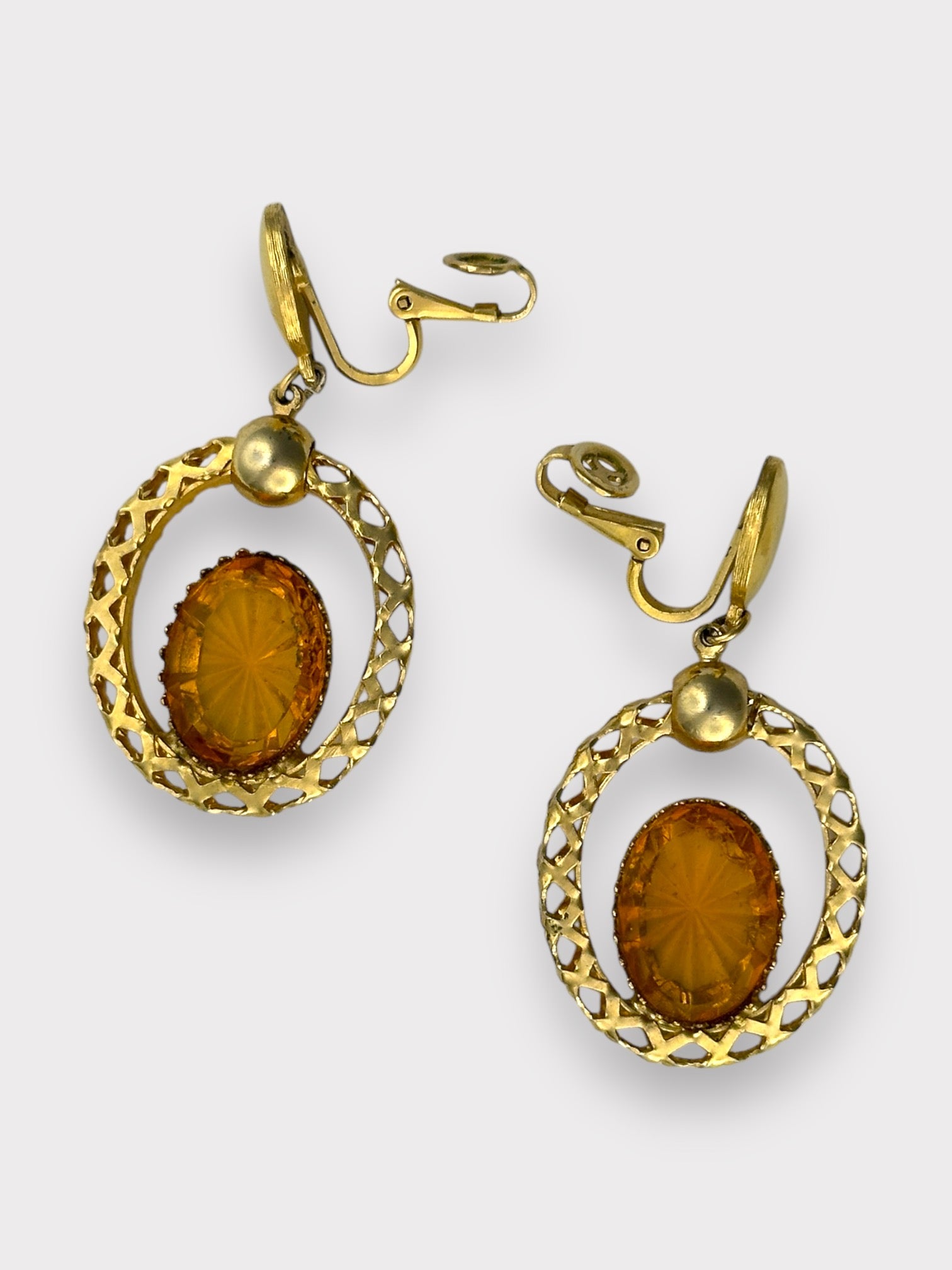 Trifari Orange Rhinestone Clip Earrings