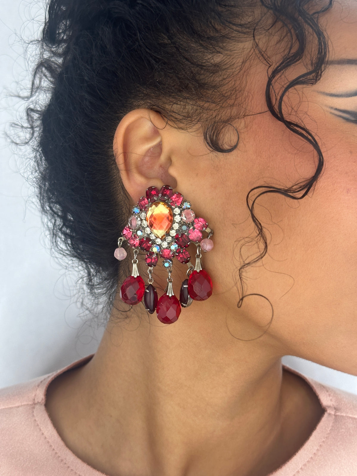 Albert Red Rhinestone Dangle Clip Earrings