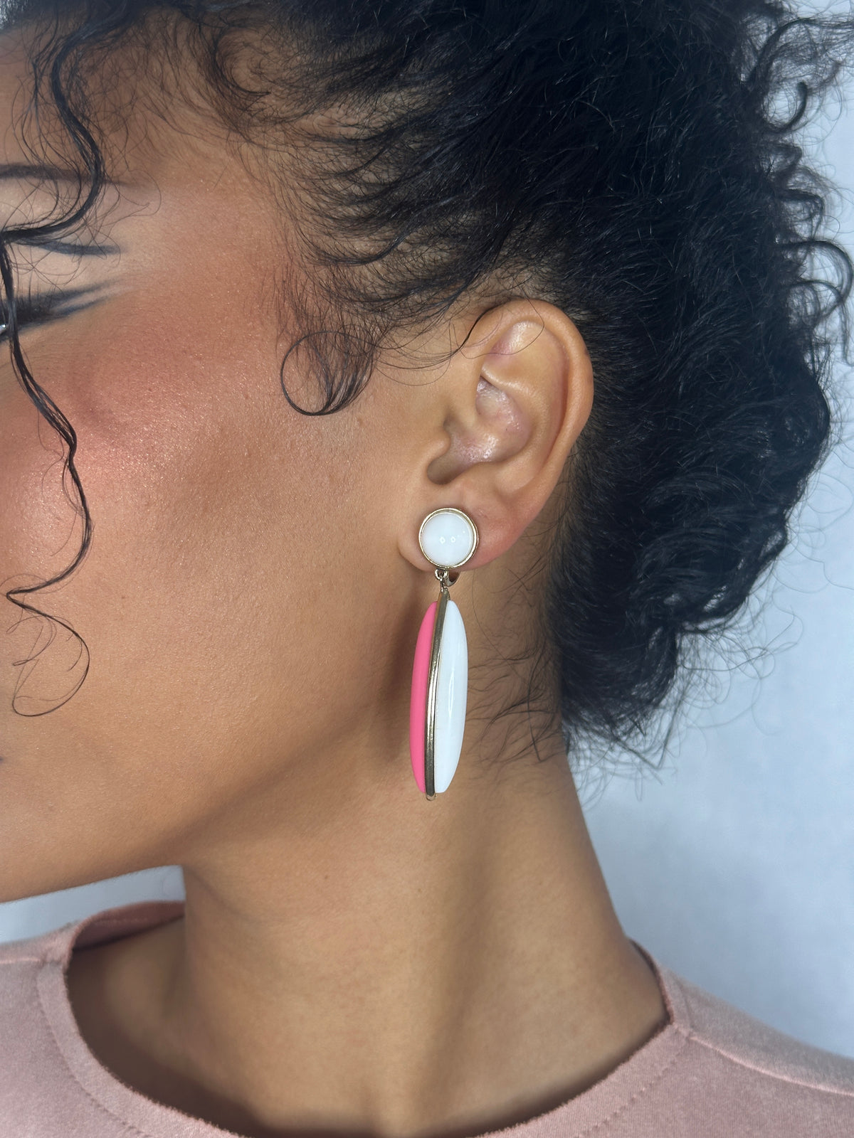 Trifari Pink and White Clip Earrings