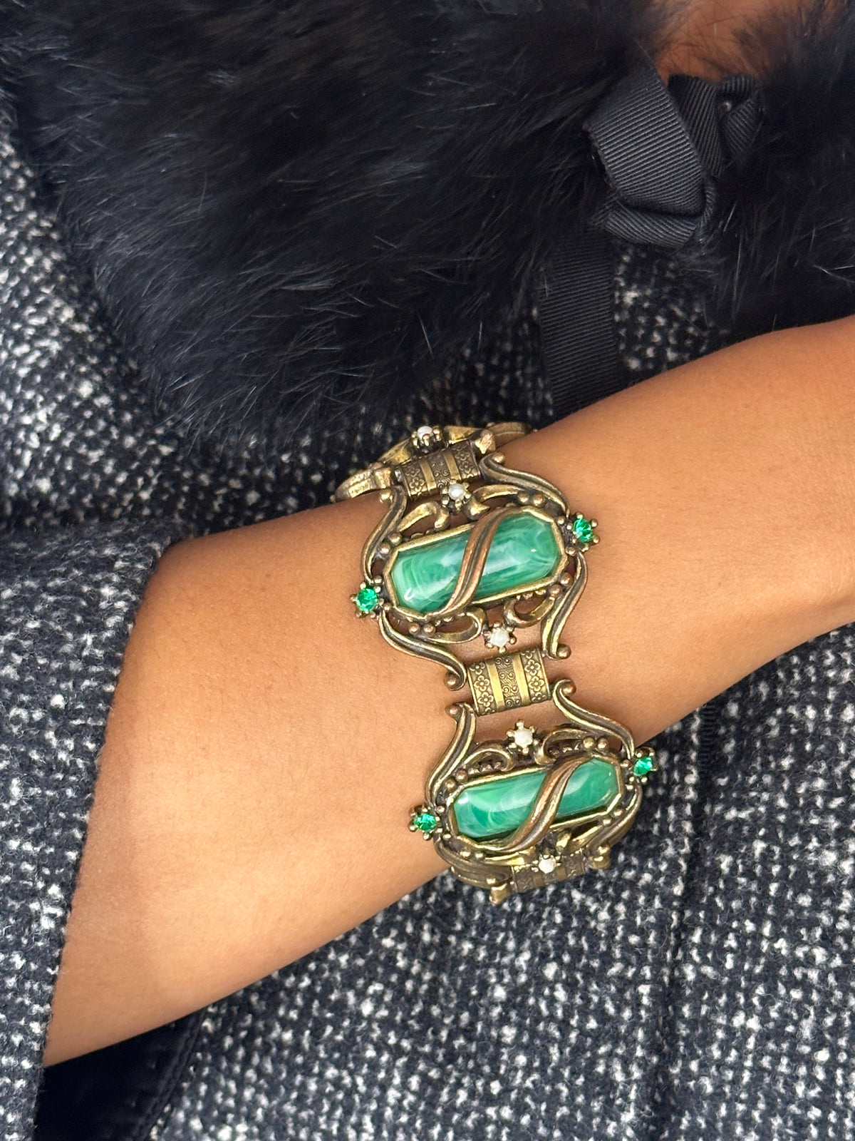 Unsigned Selro Green Faux Jade and Brass Bracelet
