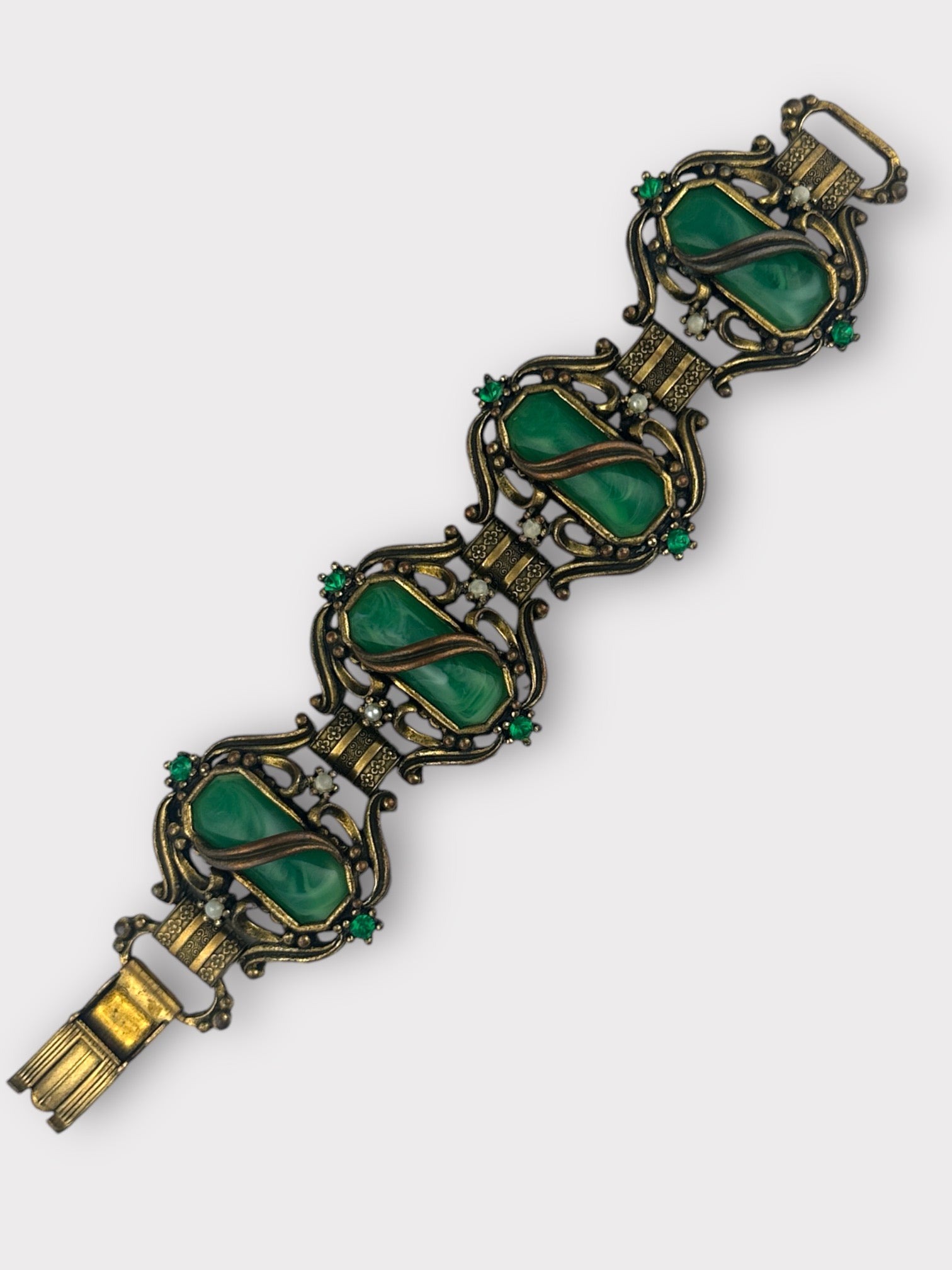 Unsigned Selro Green Faux Jade and Brass Bracelet
