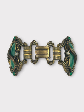 Unsigned Selro Green Faux Jade and Brass Bracelet