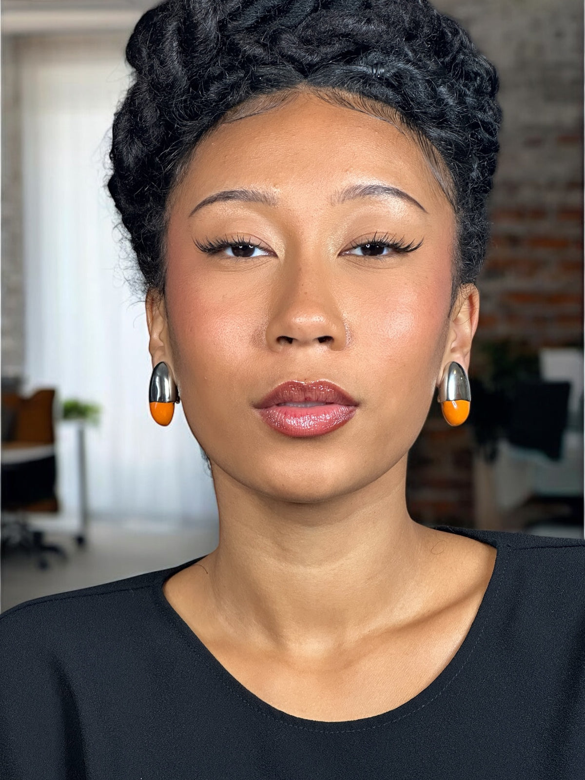 Oval Chrome and Orange Clip Earrings