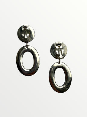 Silver Metal Blue and White Resin Double Hoop Clip Earrings