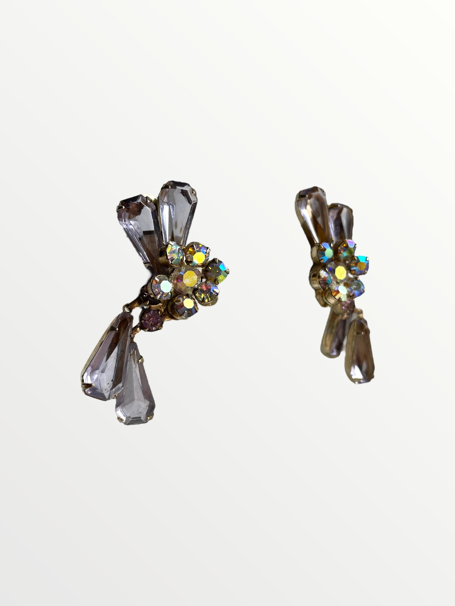 Iridescent Rhinestone Flower Clip Earrings