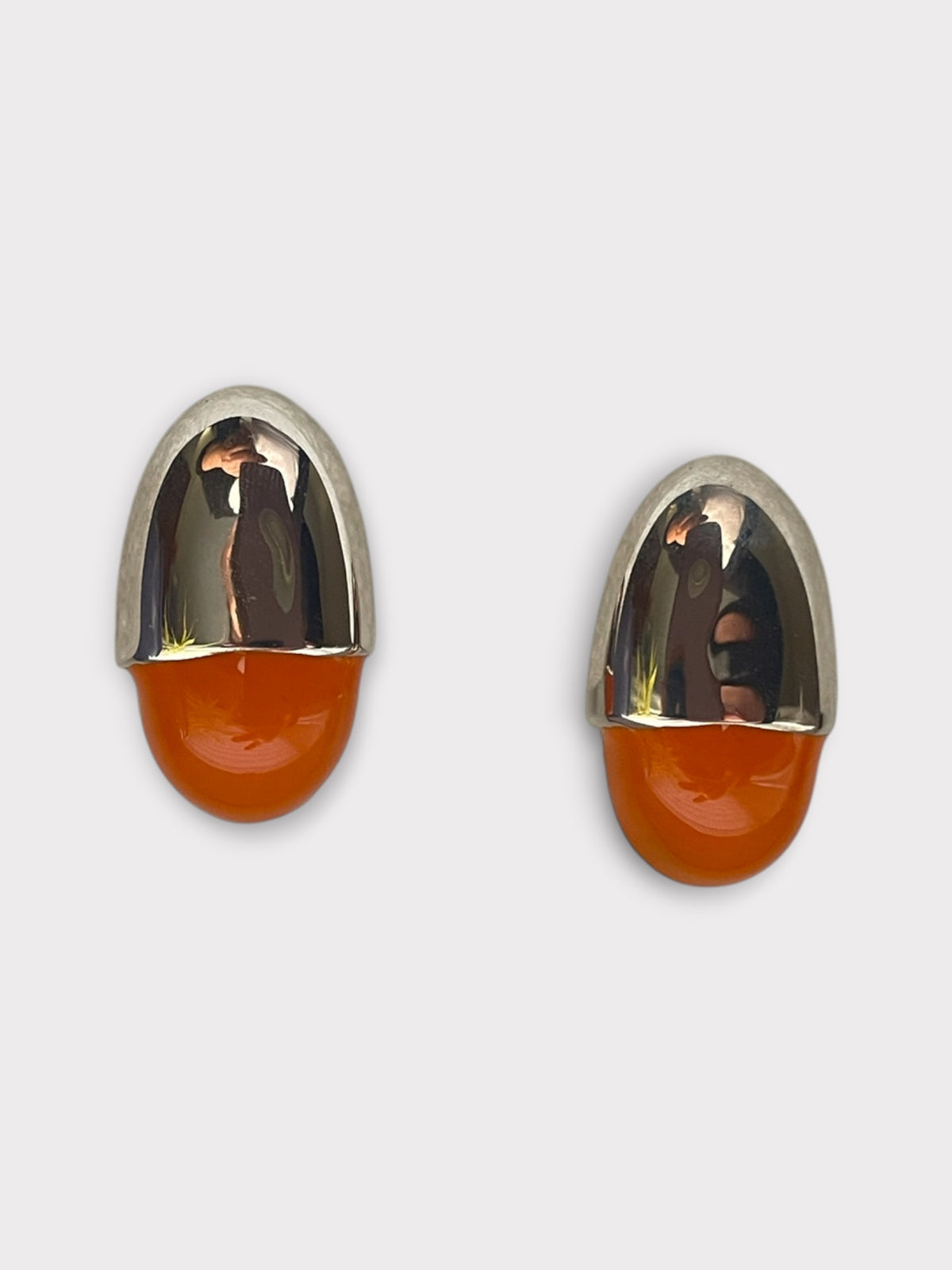 Oval Chrome and Orange Clip Earrings