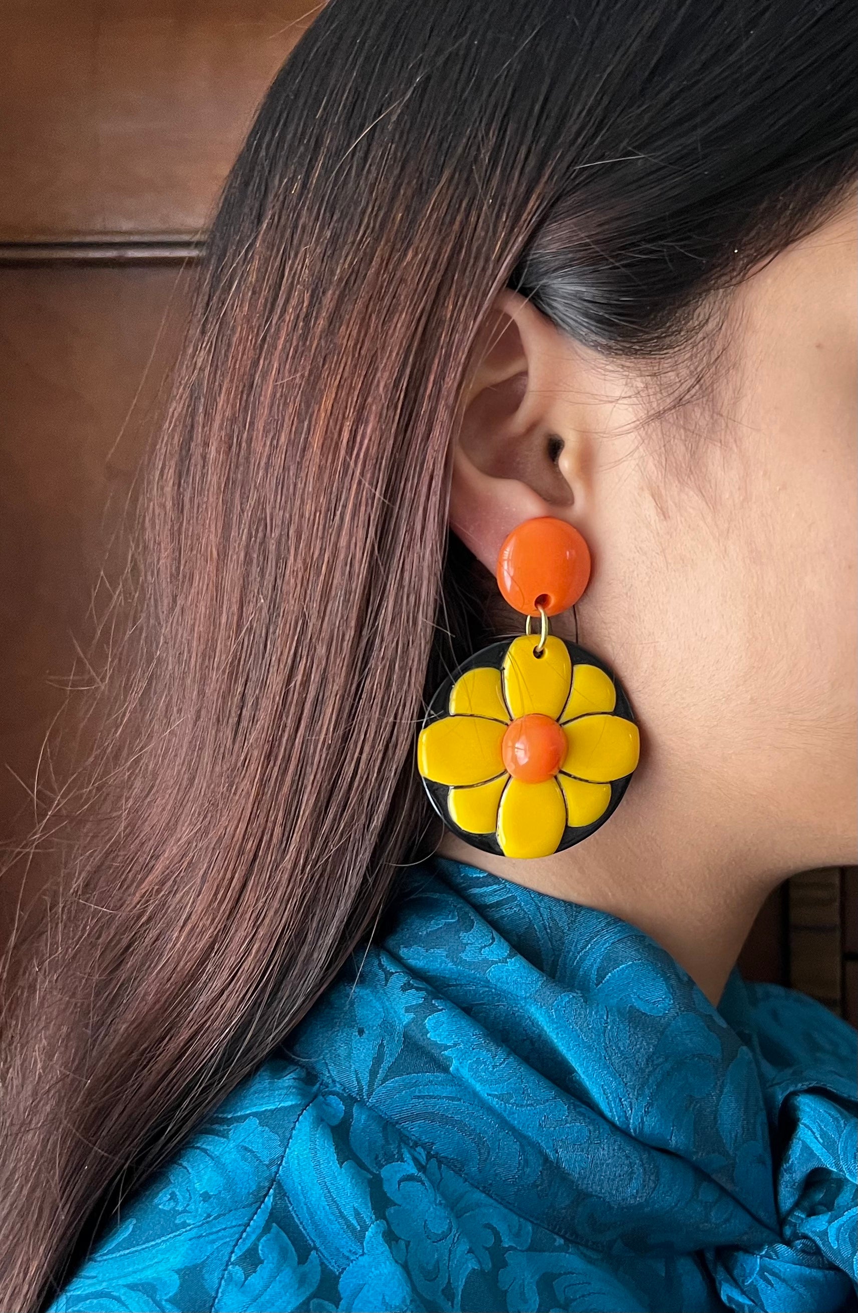 Orange and Yellow Plastic Daisy Pierced Earrings