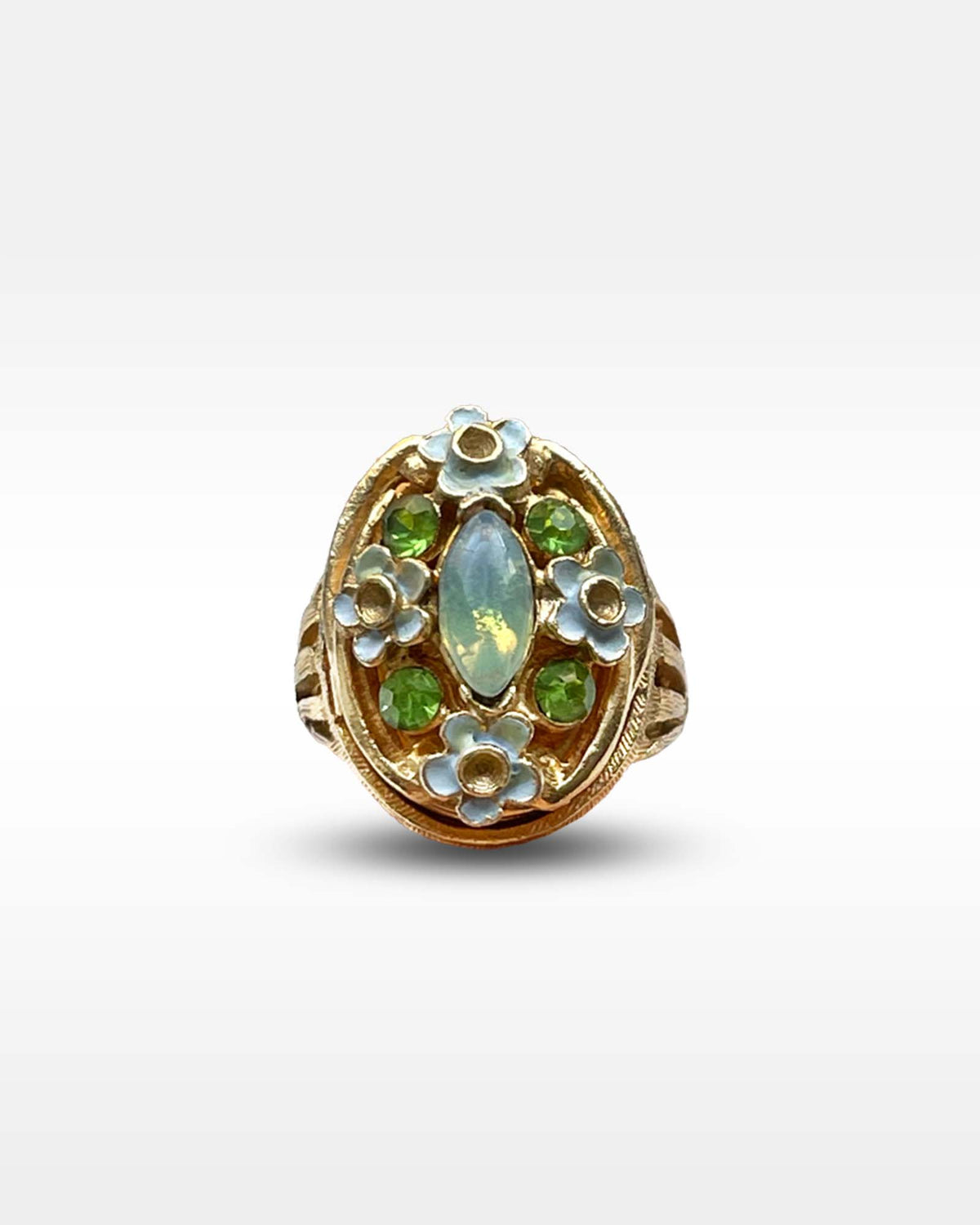 Florenza Gold Metal Green Rhinestone and Blue Enamel Locket Ring