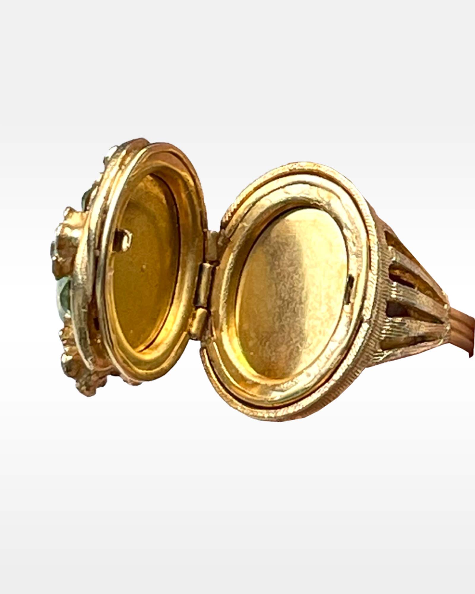Florenza Gold Metal Green Rhinestone and Blue Enamel Locket Ring