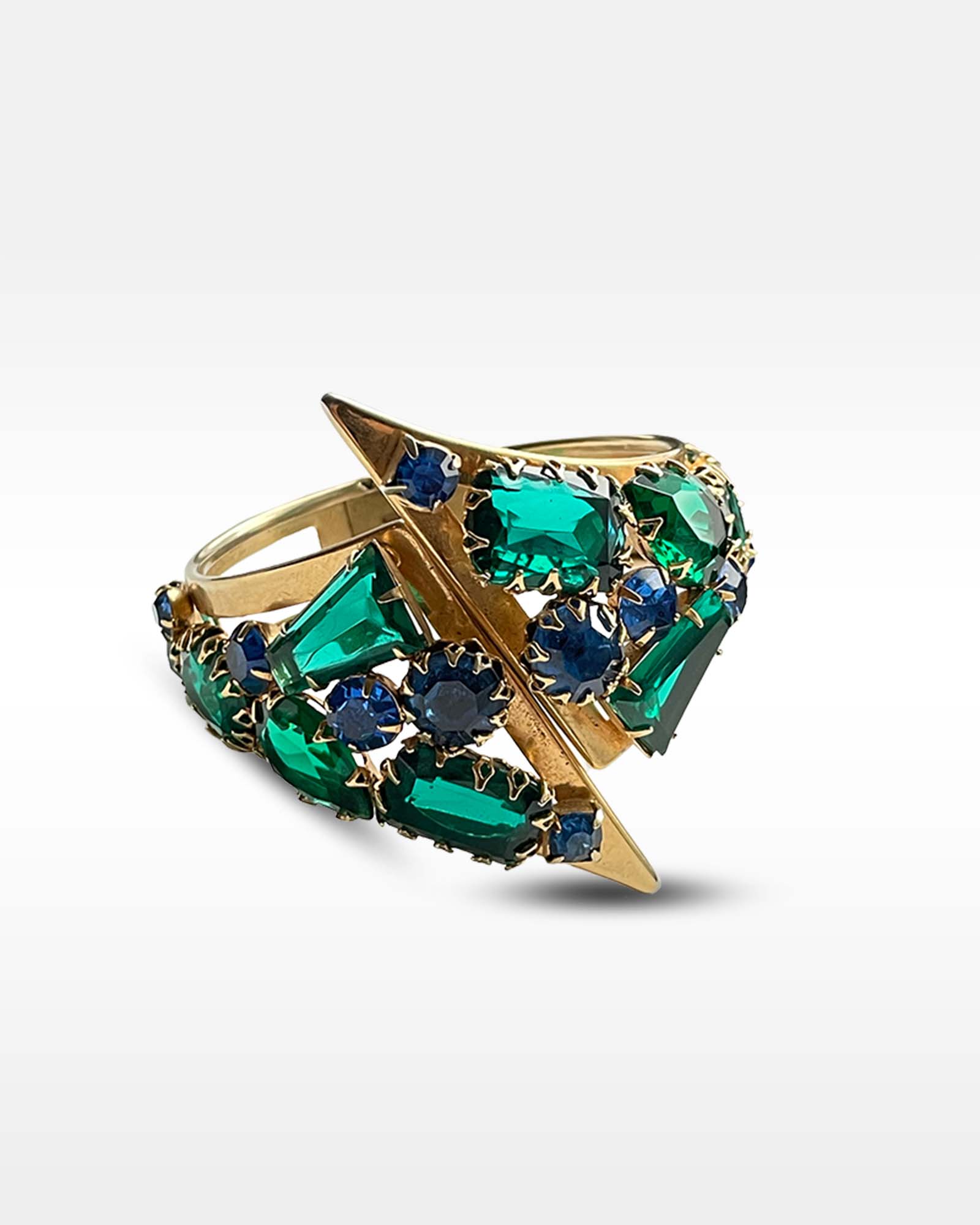 Gold Metal and Blue and Green Rhinestone Clamper Bracelet