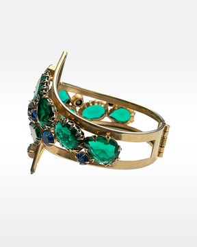 Gold Metal and Blue and Green Rhinestone Clamper Bracelet