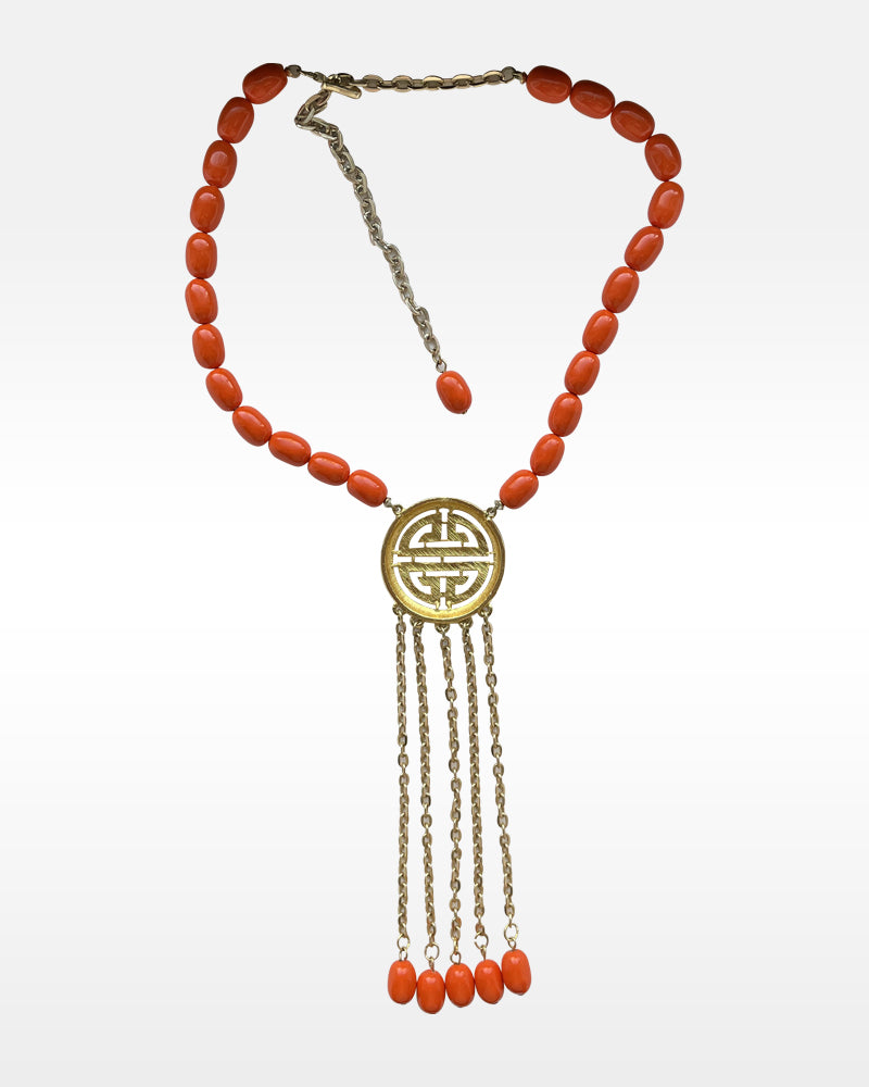Gold Metal and Orange Bead Necklace