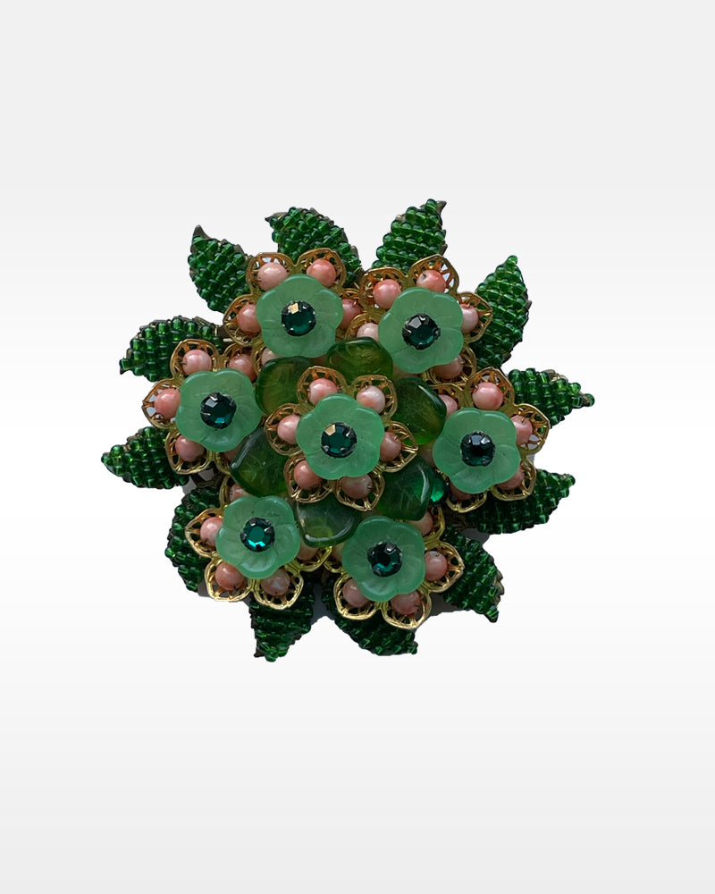 Stanley Hagler Green and Coral Glass and Rhinestone Pin