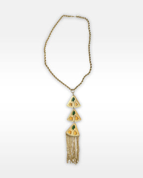 Trifari and Monet Gold Metal Green and Orange Glass Tassel Necklace