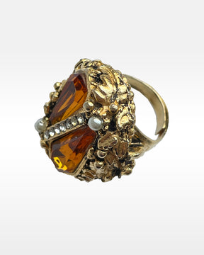 Gold Metal, Amber and Clear Rhinestone and Faux Pearl Ring