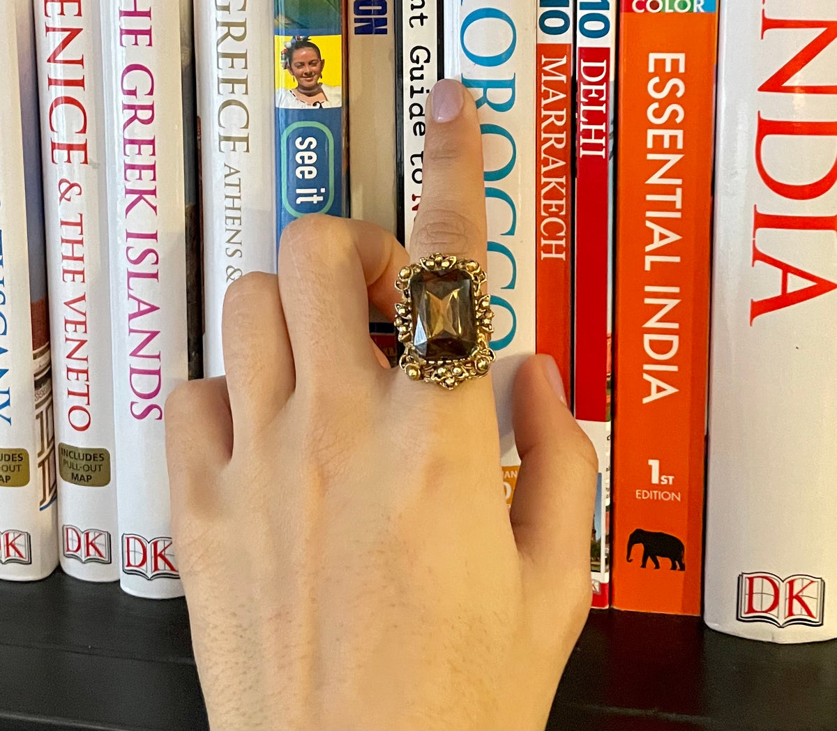 Gold Metal and Large Brown Rhinestone Ring