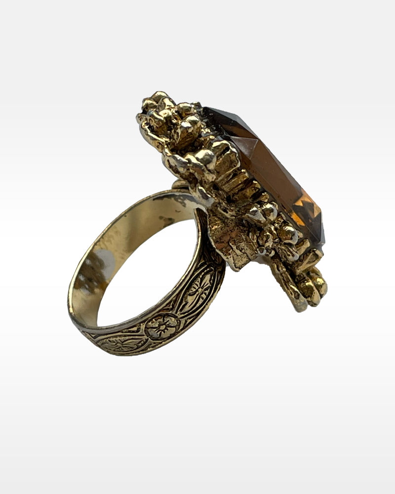 Gold Metal and Large Brown Rhinestone Ring