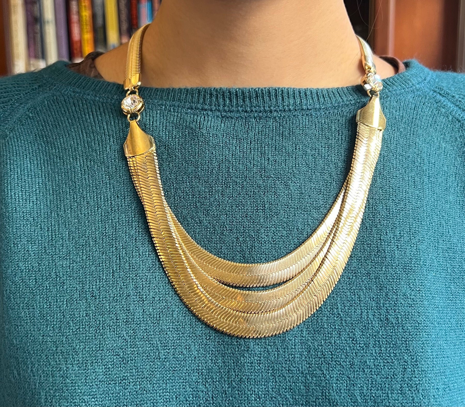1980s Gold Metal and Rhinestone Necklace