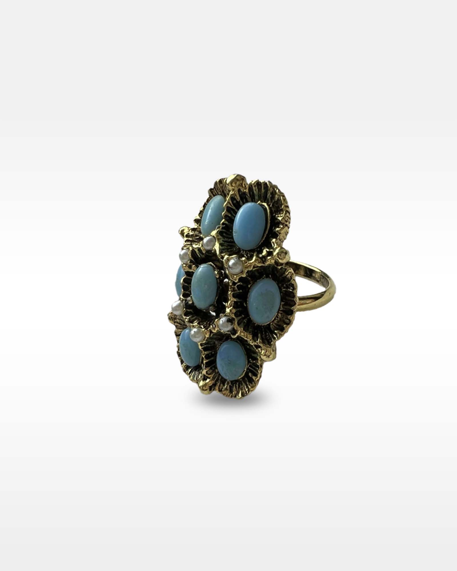 Vogue Turquoise Bead and Faux Pearl Ring