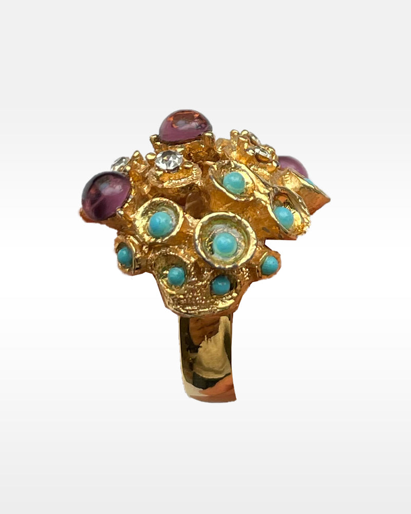 Vogue Gold Metal, Rhinestone and Multicolored Glass Ring